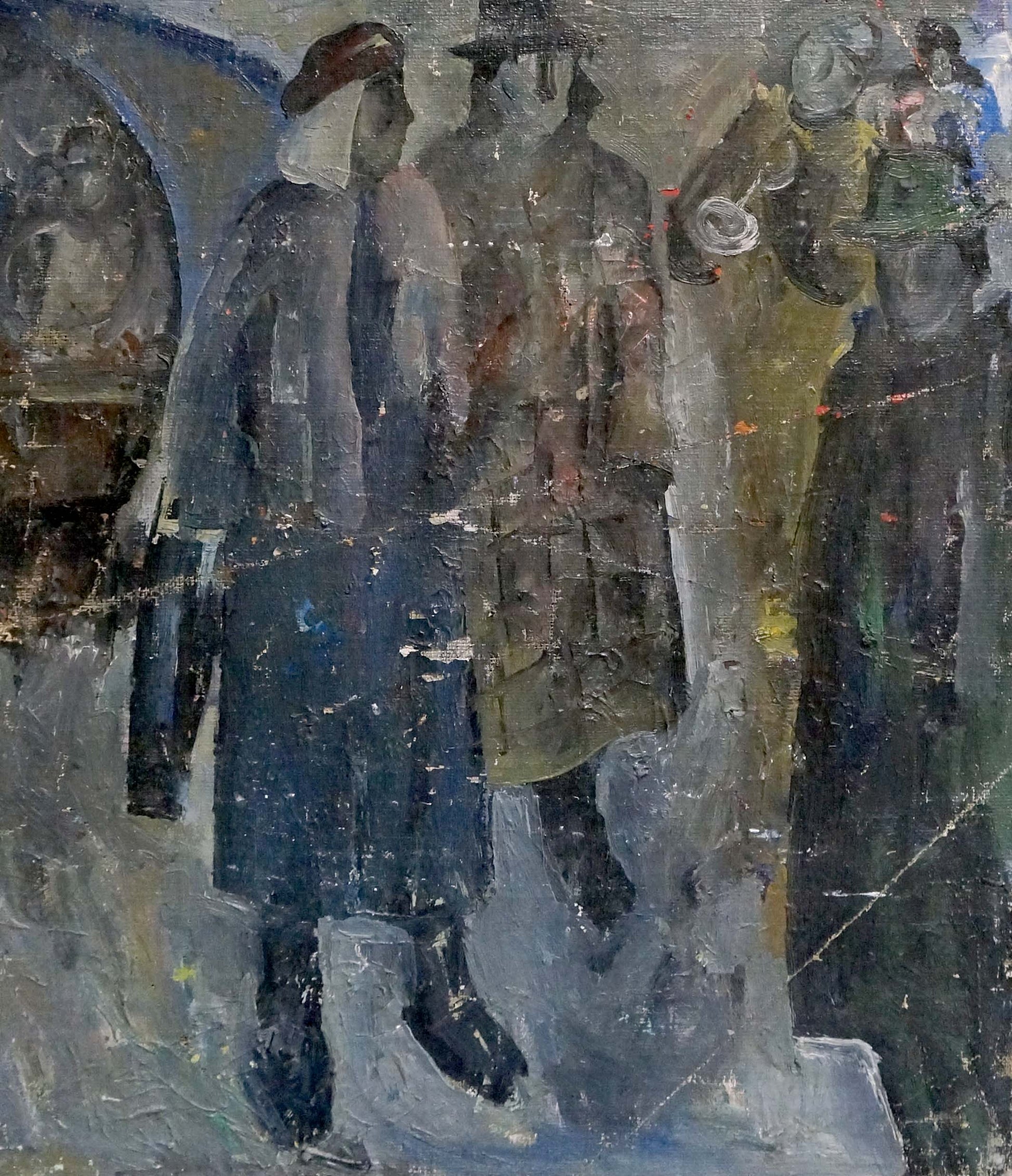 Oil painting of people portrait Nikolai Petrovich Petrov in muted blues greys earth tones impasto texture