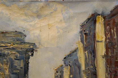 Textured oil painting of city streets by Jan Kelderman in muted grays