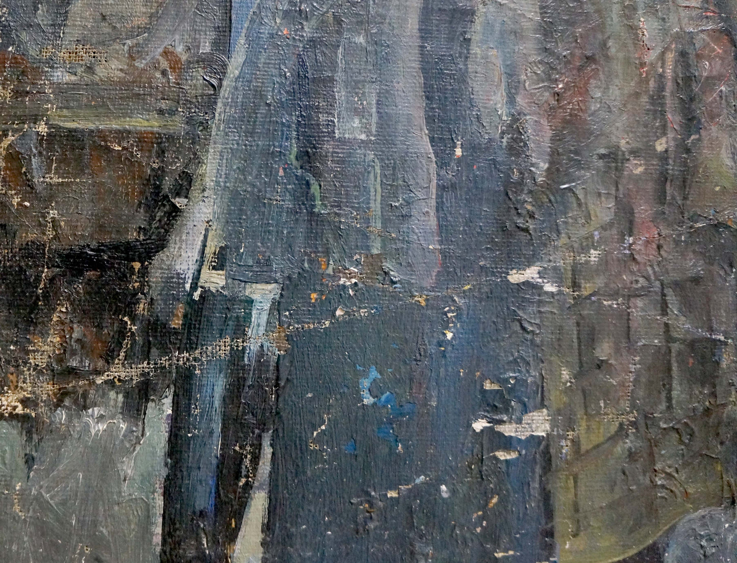 Abstract expressionist oil portrait of Nikolai Petrovich Petrov in dark blue, gray, brown