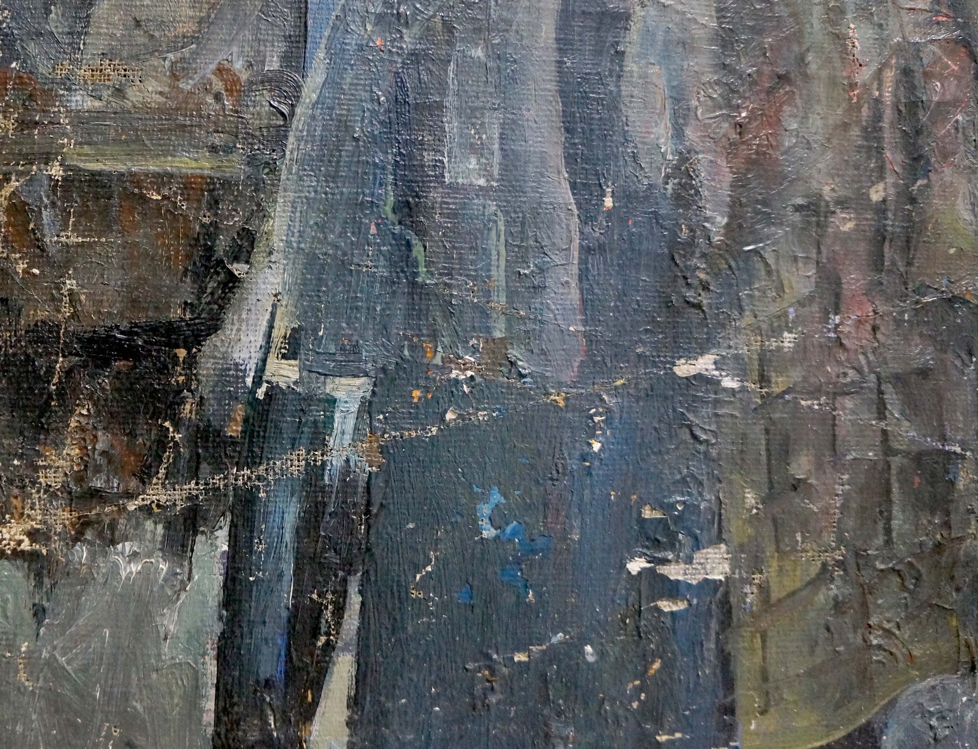 Abstract expressionist oil portrait of Nikolai Petrovich Petrov in dark blue, gray, brown