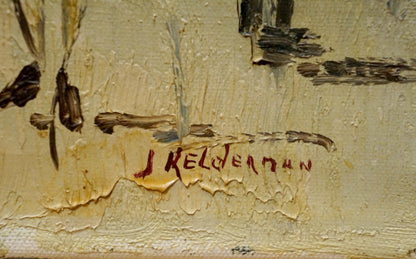 Red cursive Jan Kelderman signature on textured off-white canvas back