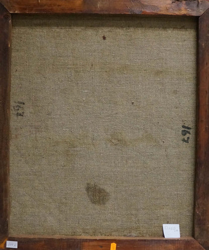 Back of Nikolai Petrovich Petrov oil portrait painting in weathered wooden frame