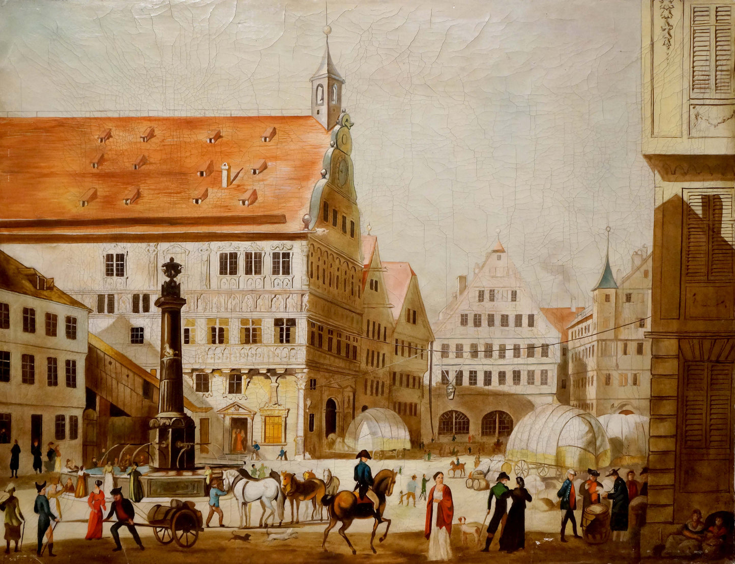Detailed painting of bustling European city center landscape