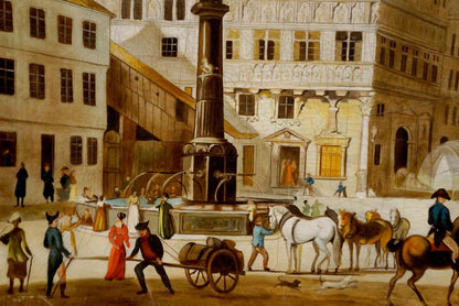 Painting of grand stone fountain in European city center square