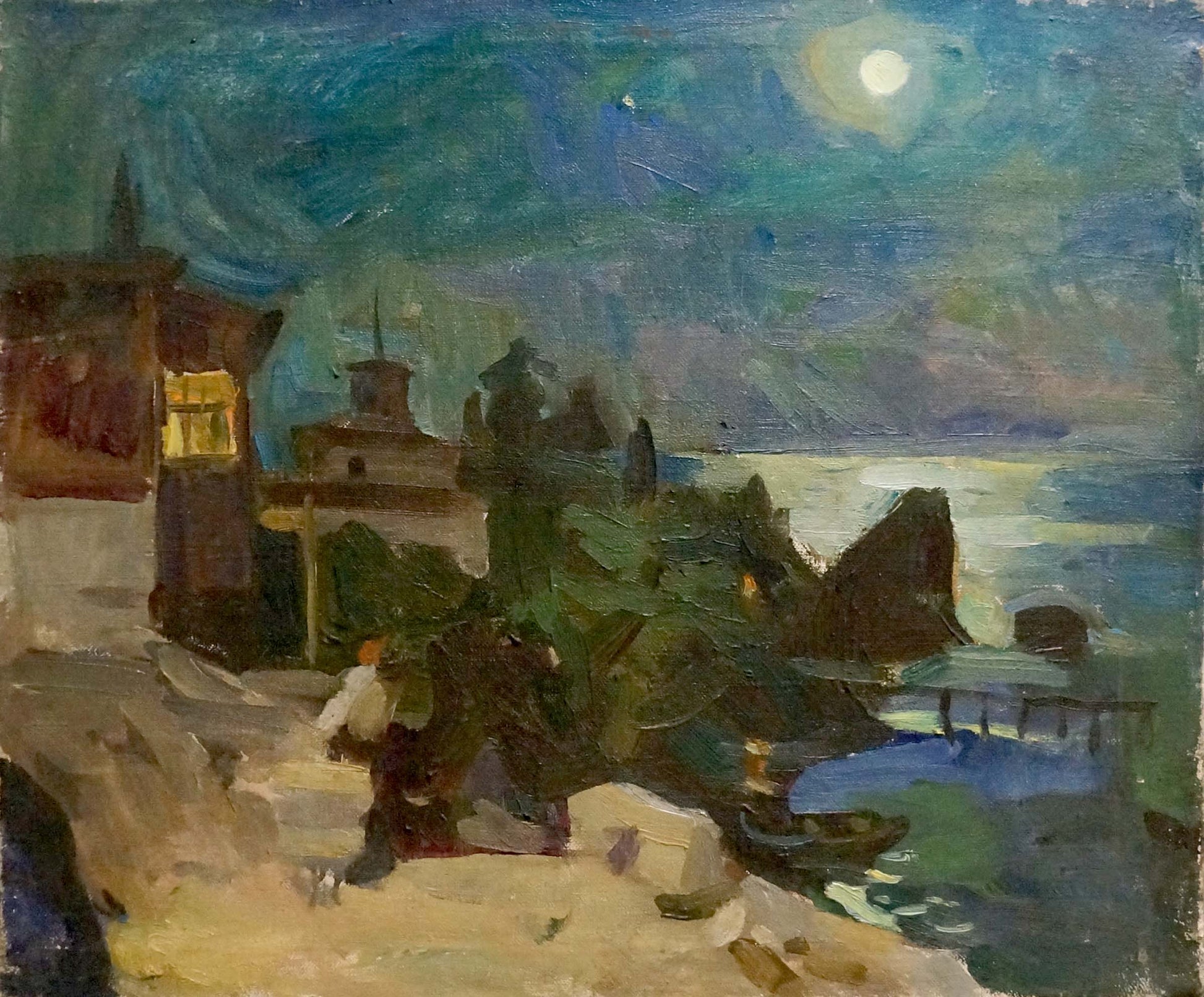 Moonlit night city oil painting with glowing full moon and silhouettes