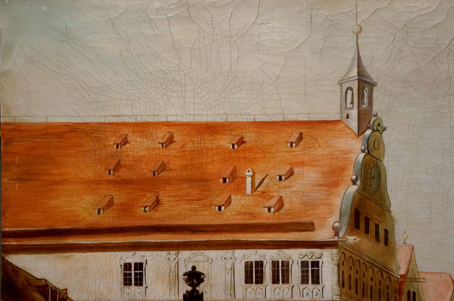 Painting of city center landscape with aged orange-tiled roof and chimneys