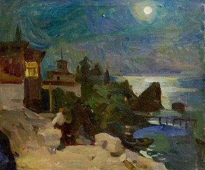 Moonlit coastal night city oil painting with dark silhouettes