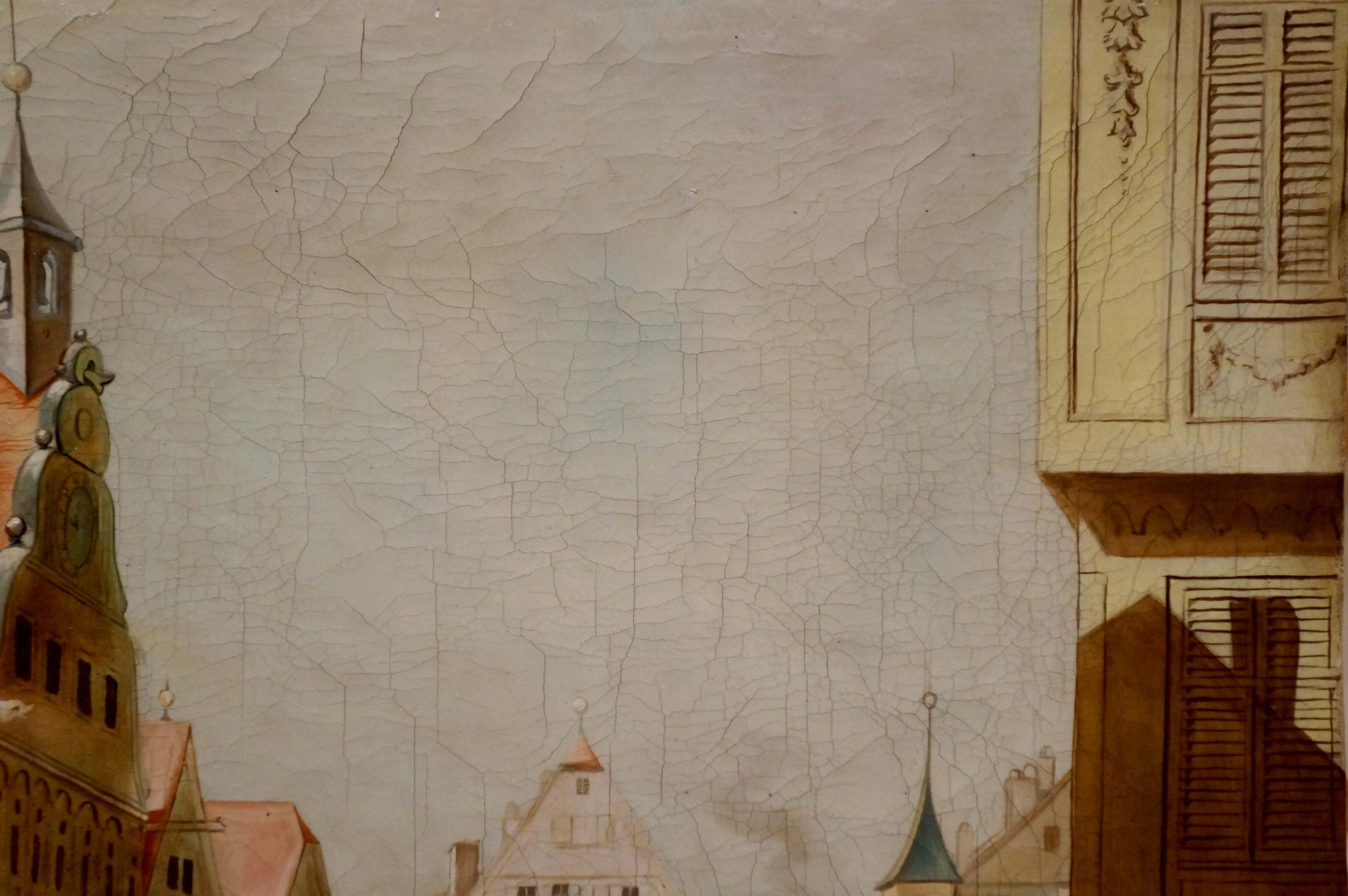 Weathered cracked canvas of historic European city center landscape