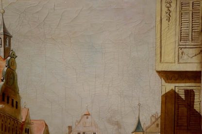 Weathered cracked canvas of historic European city center landscape