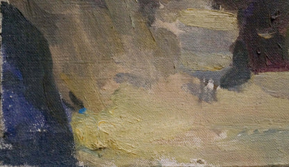 Oil painting Night city with textured earthy yellows, blues, purples