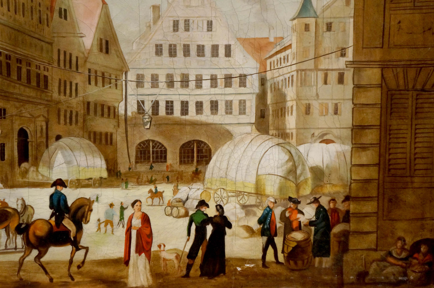 Detailed historical painting of bustling city center landscape square