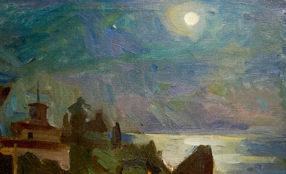 Moonlit night city oil painting with swirling blues and silhouetted coast