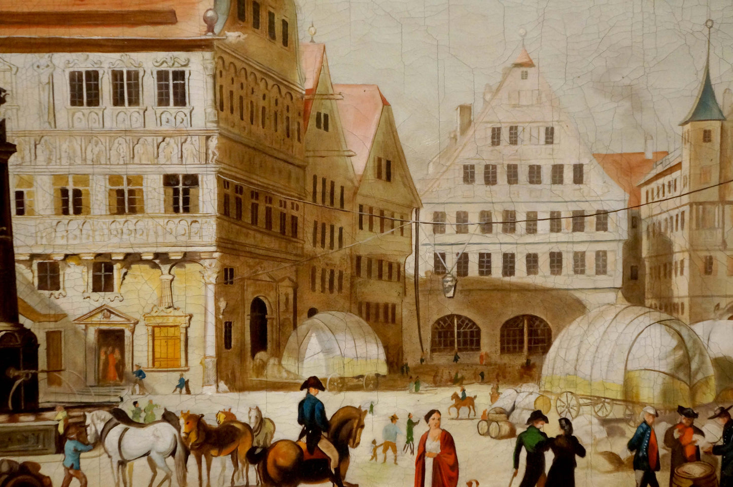 Detailed painting of bustling city center landscape with ornate European town square