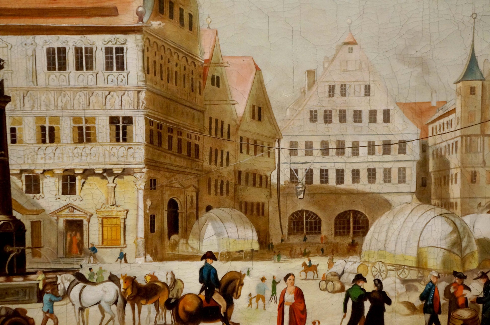 Detailed painting of bustling city center landscape with ornate European town square