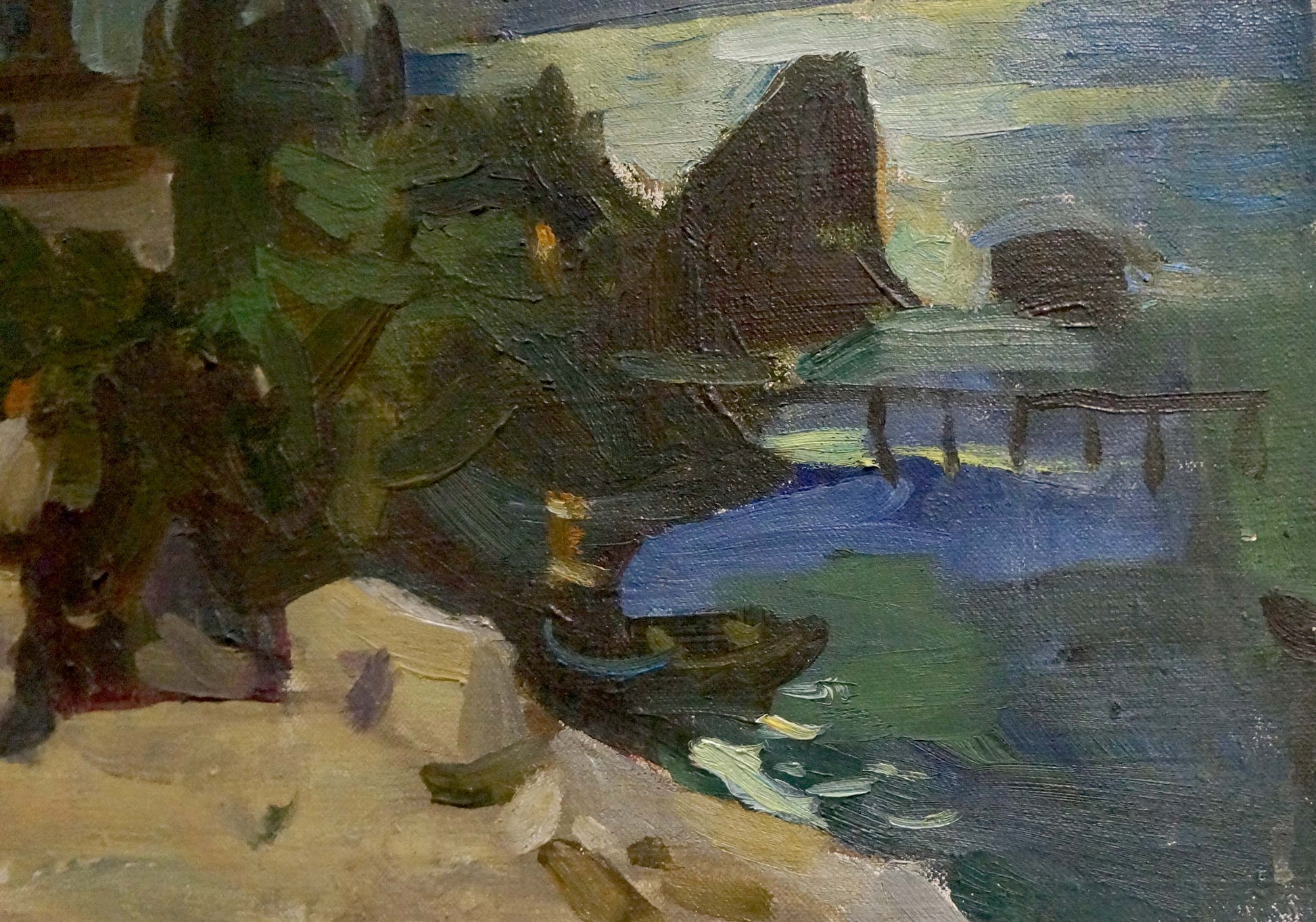 Oil painting Night city: textured coastal scene with dark green foliage, blue water, rocky shores