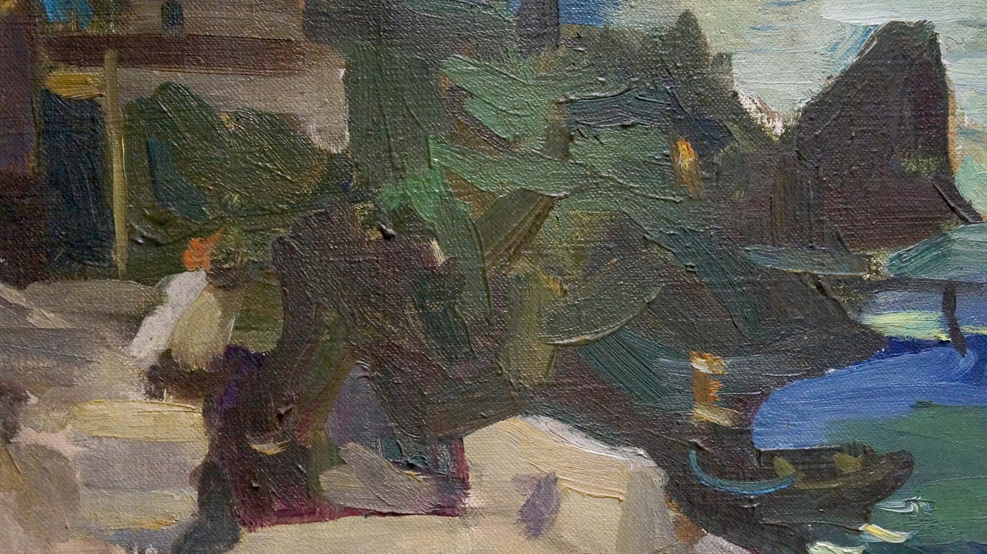 Impressionistic oil painting of Night City coastal scene with dark green foliage