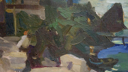 Impressionistic oil painting of Night City coastal scene with dark green foliage