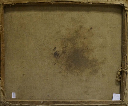 Back of aged beige linen canvas in Night city oil painting frame