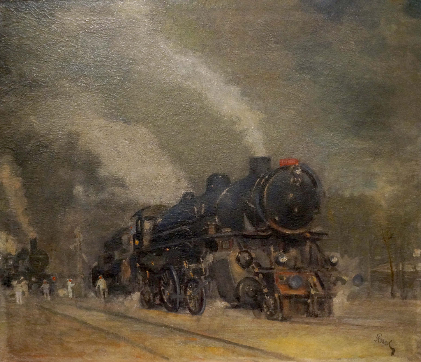 Oil painting of glossy black steam train with red number plate by Ronel