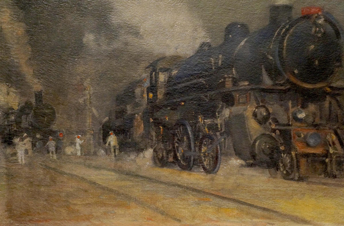 Oil painting of dark matte steam locomotive in Train landscape by Ronel