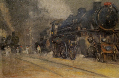 Oil painting of dark matte steam locomotive in Train landscape by Ronel