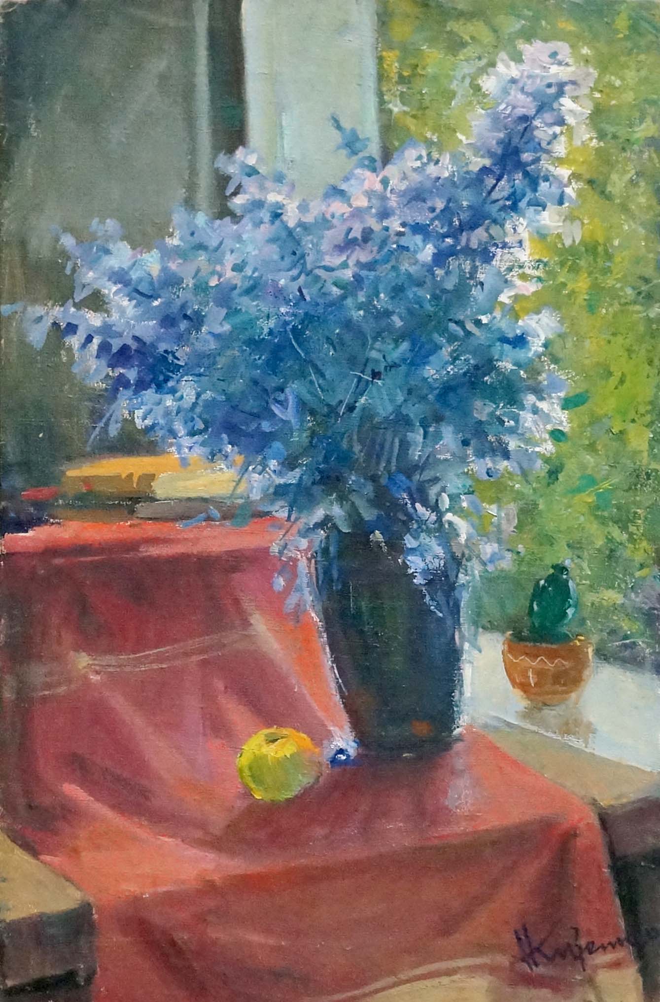 Oil painting Lilac by Kizenko Nestor Mitrofanovych: lush blue purple bouquet in glossy vase