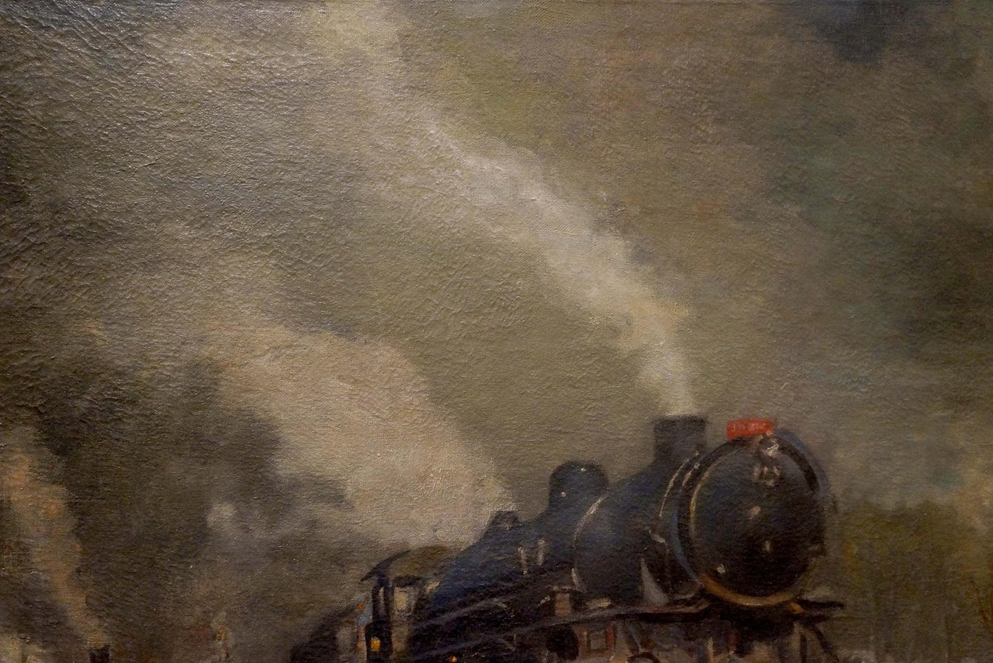 Oil painting of dark blue steam train by Ronel emitting smoke