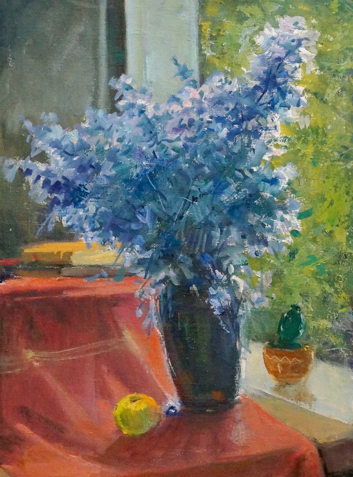 Oil painting of lush blue and white lilac bouquet by Kizenko Nestor Mitrofanovych in glossy vase