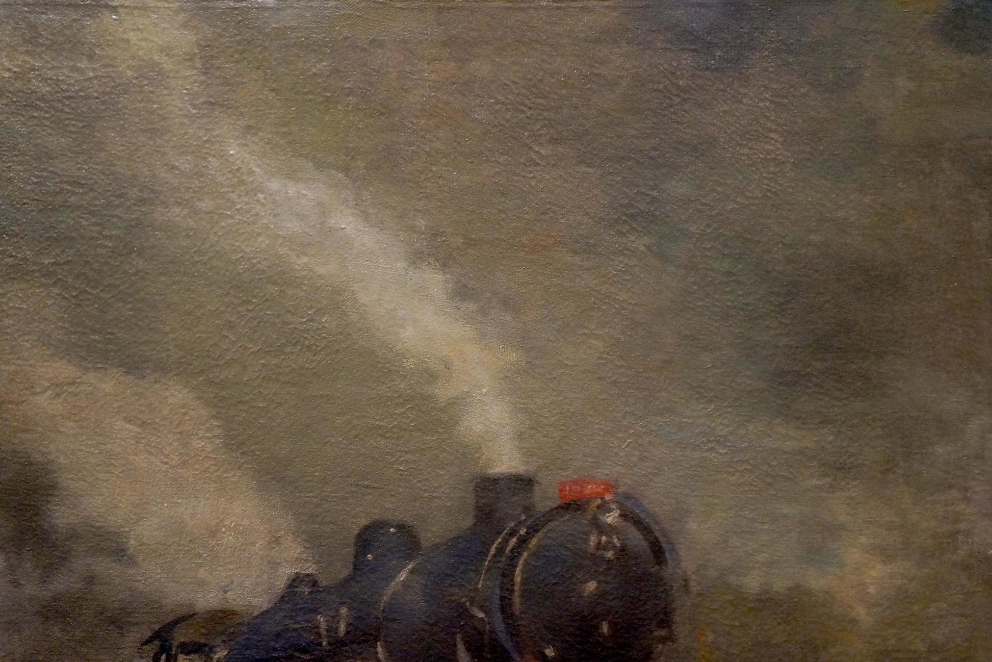 Oil painting of dark blue steam train landscape by Ronel