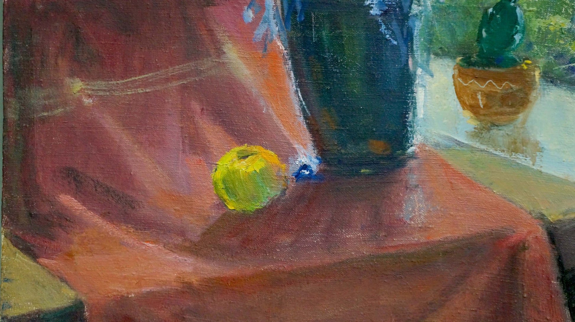 Oil painting by Lilac Kizenko Nestor Mitrofanovych: vibrant yellow-green apple on reddish-orange fabric