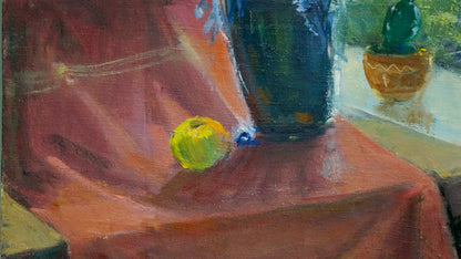 Oil painting by Lilac Kizenko Nestor Mitrofanovych: vibrant yellow-green apple on reddish-orange fabric