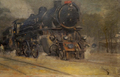 Oil painting of dark vintage steam locomotive by Ronel
