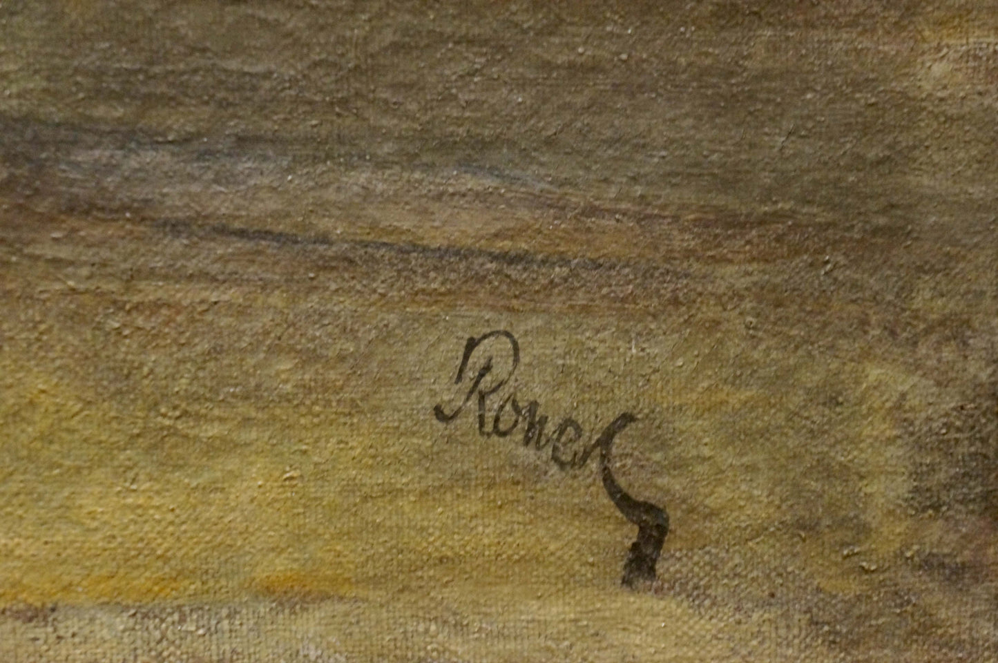 Oil painting of train landscape Ronel with dark cursive Rome signature on textured earthy canvas