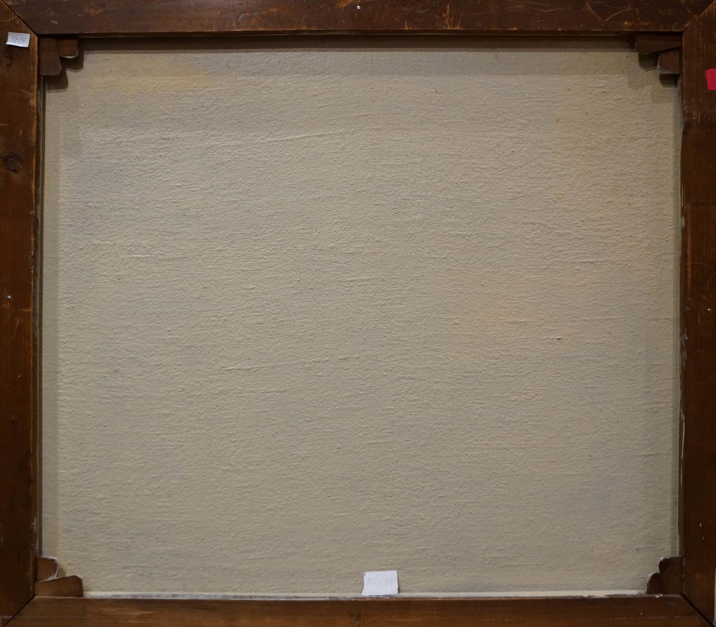 Back of Ronel oil painting Train landscape framed canvas with textured off-white fabric and dark brown wood frame