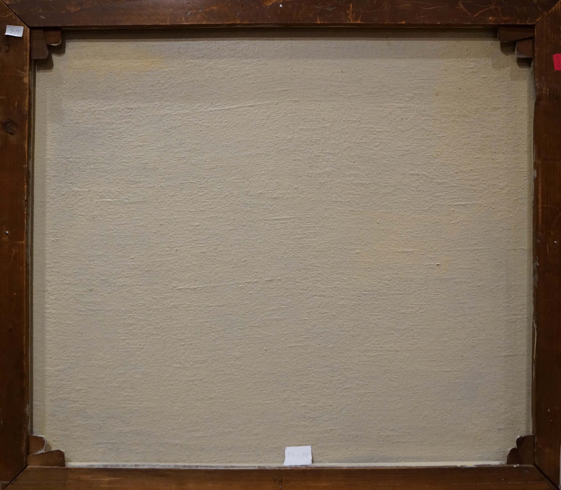 Back of Ronel oil painting Train landscape framed canvas with textured off-white fabric and dark brown wood frame