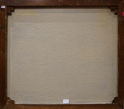 Back of Ronel oil painting Train landscape framed canvas with textured off-white fabric and dark brown wood frame
