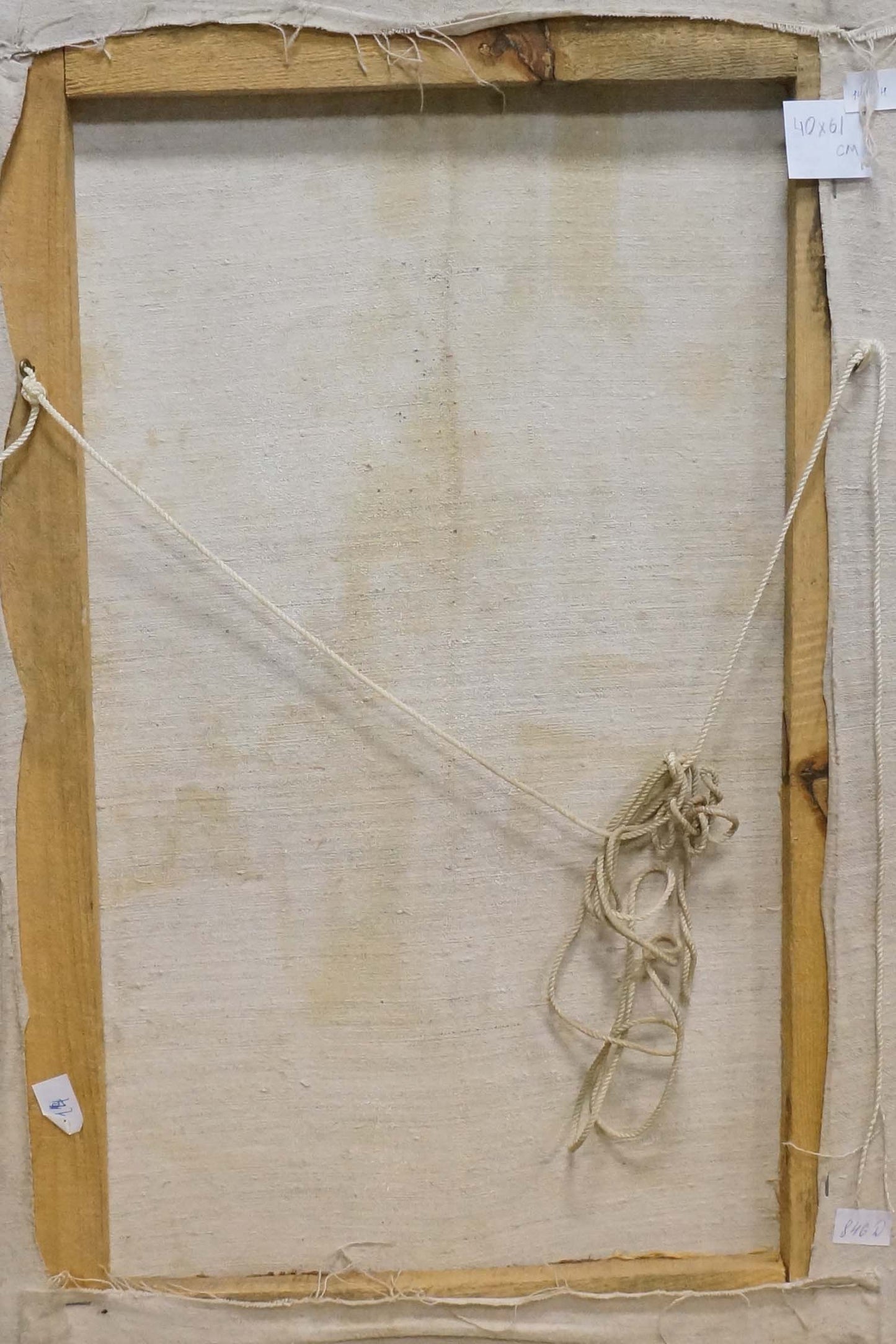 Back of Oil painting Lilac by Kizenko Nestor Mitrofanovych on beige canvas with rope ties
