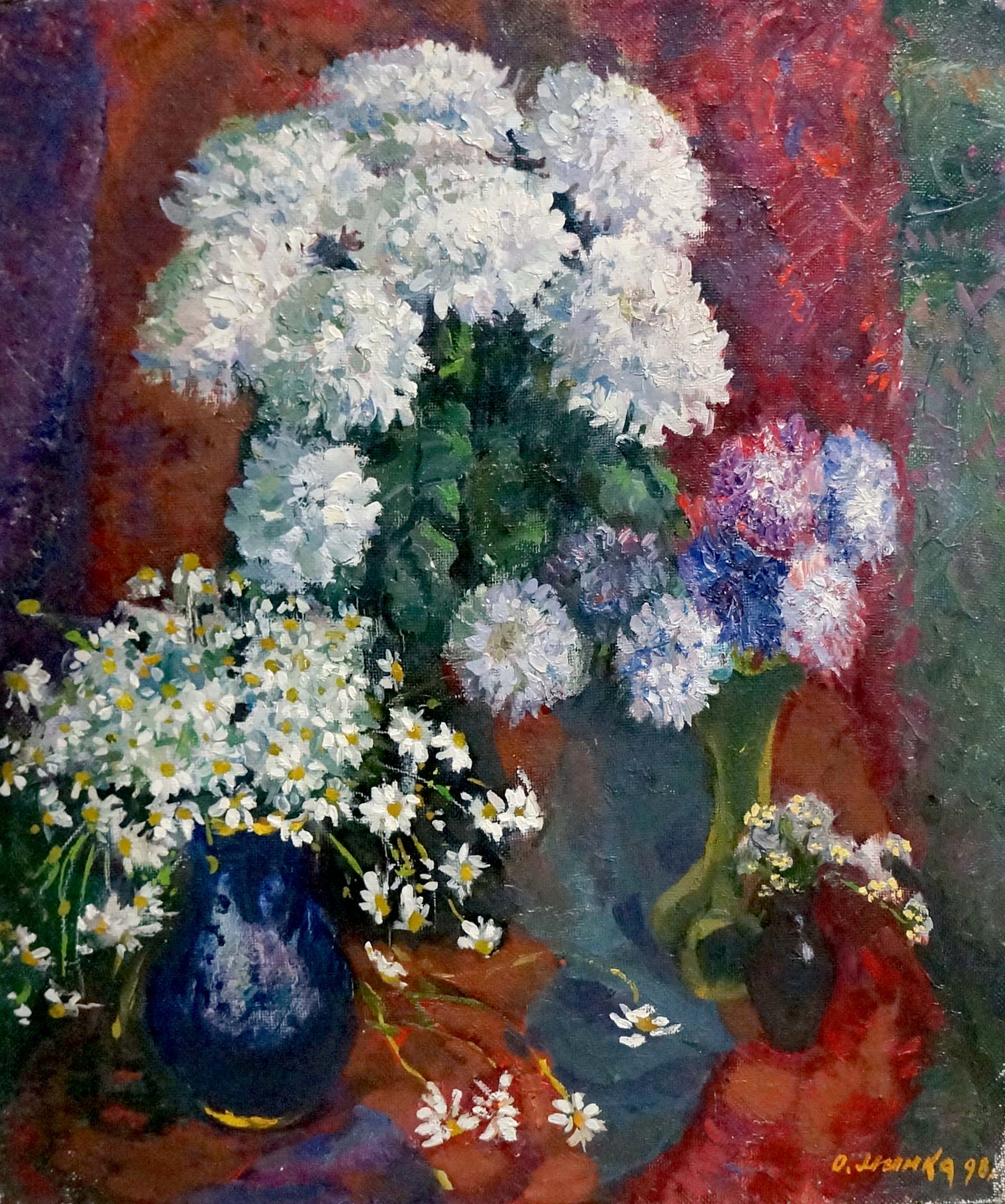 Oil painting of white chrysanthemums and daisies in blue vases by Mynka Alexander Fedorovich
