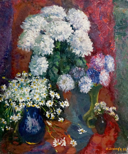 Oil painting of white chrysanthemums and daisies in blue vases by Mynka Alexander Fedorovich
