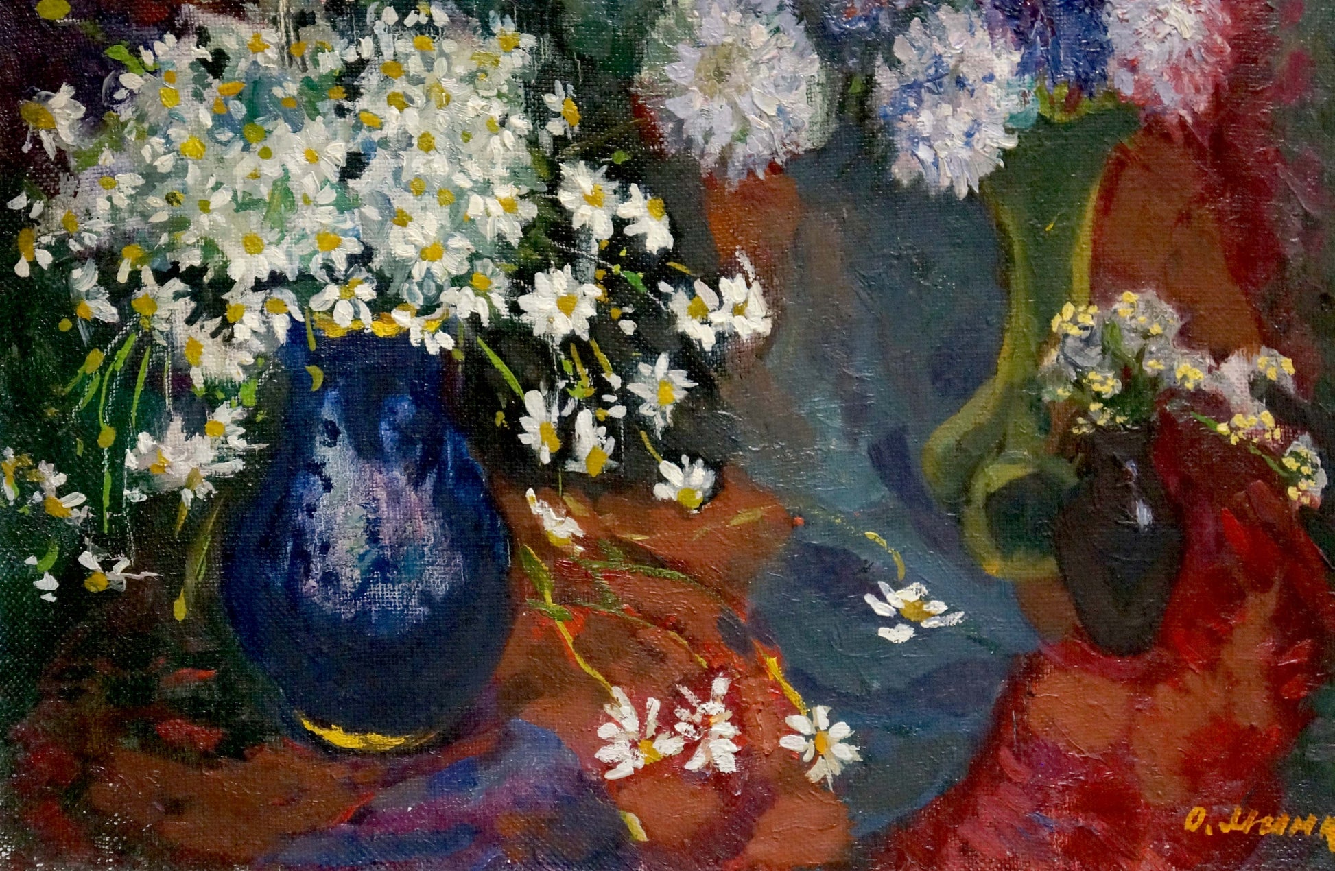 Oil painting of deep blue vase with white daisies by Mynka Alexander Fedorovich