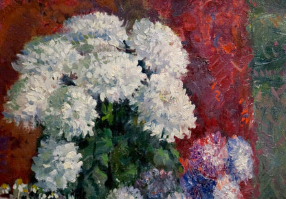 Oil painting of fluffy white chrysanthemums by Mynka Alexander Fedorovich