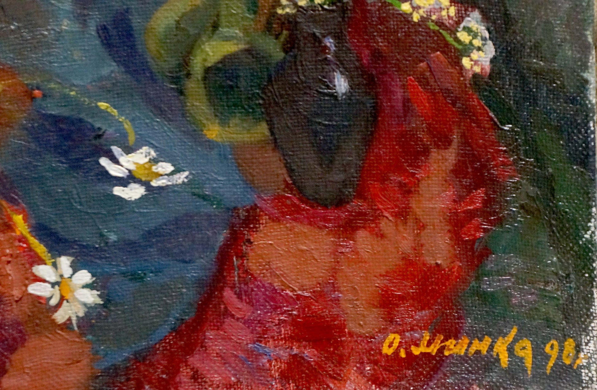 Oil painting of daisies by Mynka Alexander Fedorovich in dark glossy vase on red fabric