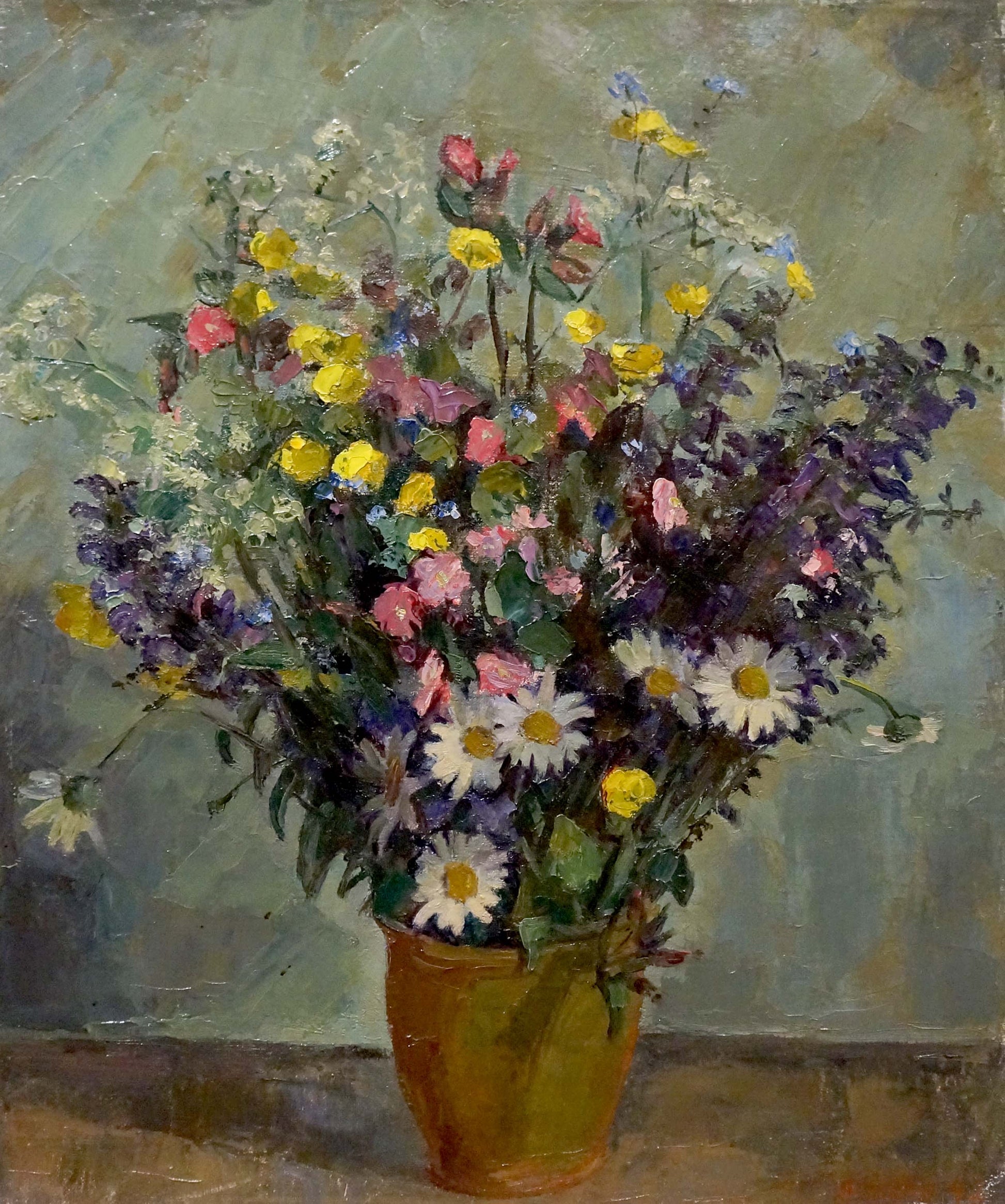 Oil painting Still life E. Hahn: vibrant mixed-bloom wildflowers in terracotta pot
