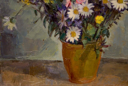 Oil painting Still life E. Hahn: daisies and purple flowers in mustard vase