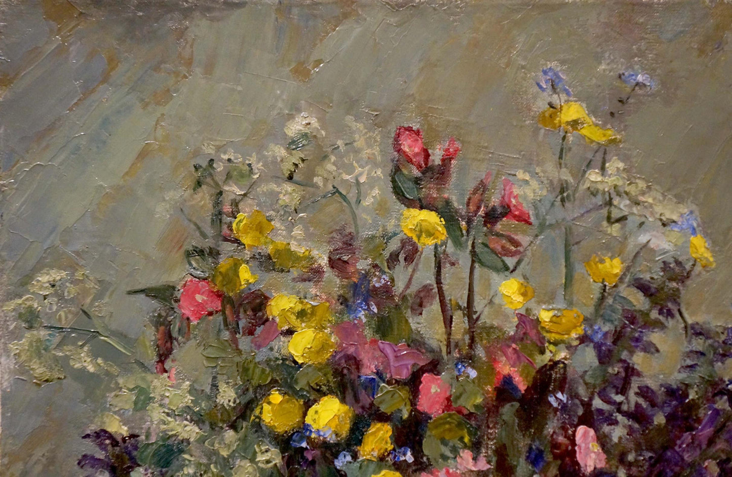 Vibrant oil painting by E. Hahn: wildflower meadow with yellow, pink, purple blooms