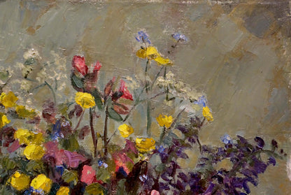 Oil painting Still life E. Hahn: vibrant wildflower meadow in yellow, pink, purple, blue