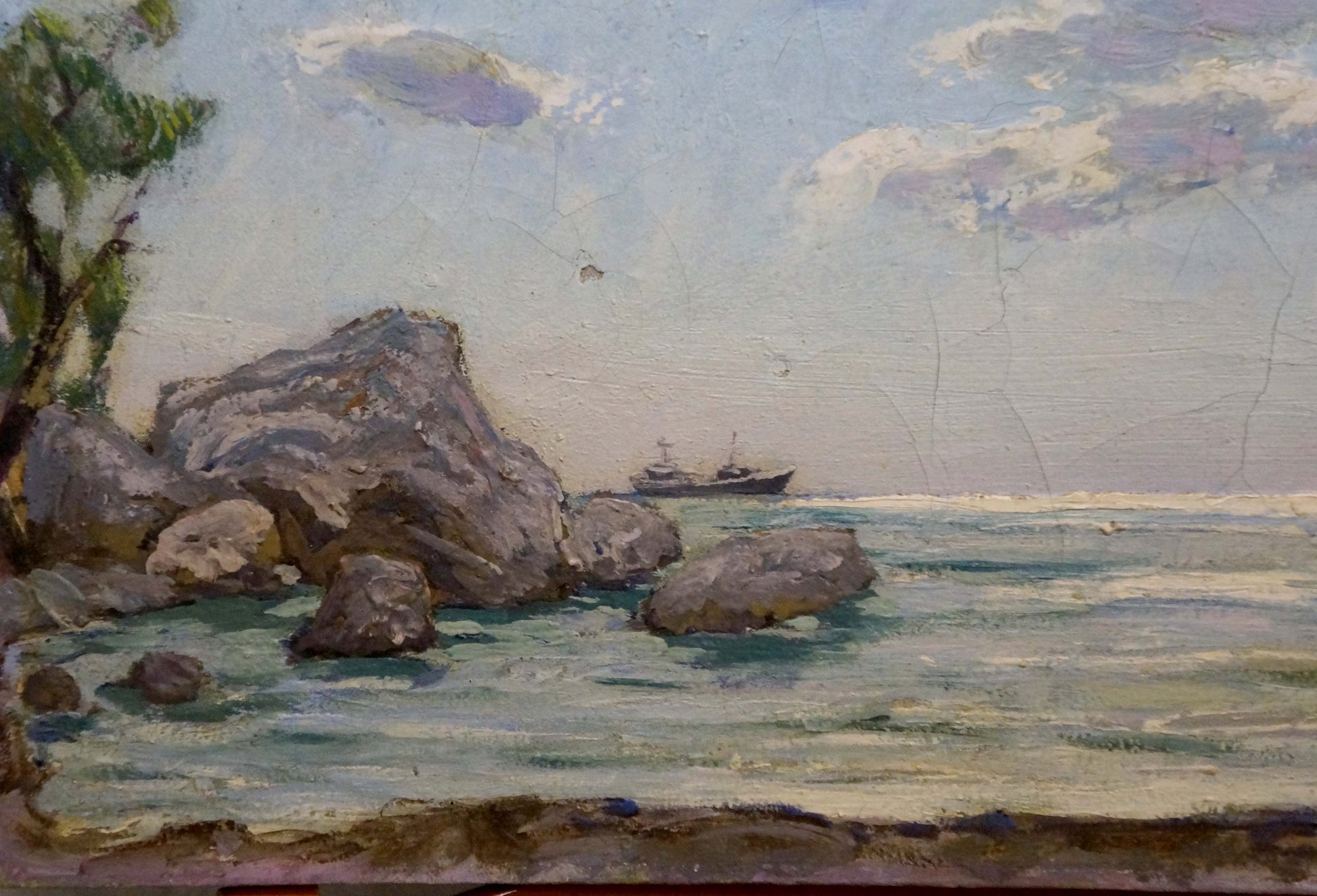 Oil painting Noon at sea by Miroshnichenko Pavel Petrovich: distant dark ship on horizon