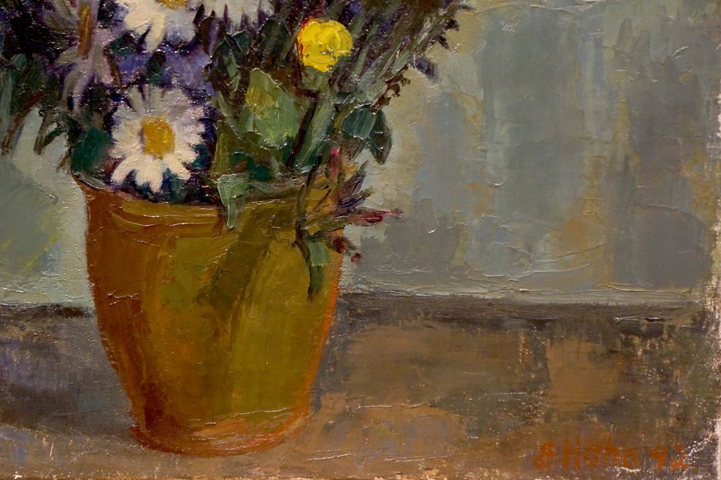 Oil painting Still life E. Hahn: yellow vase with daisies, purple flowers