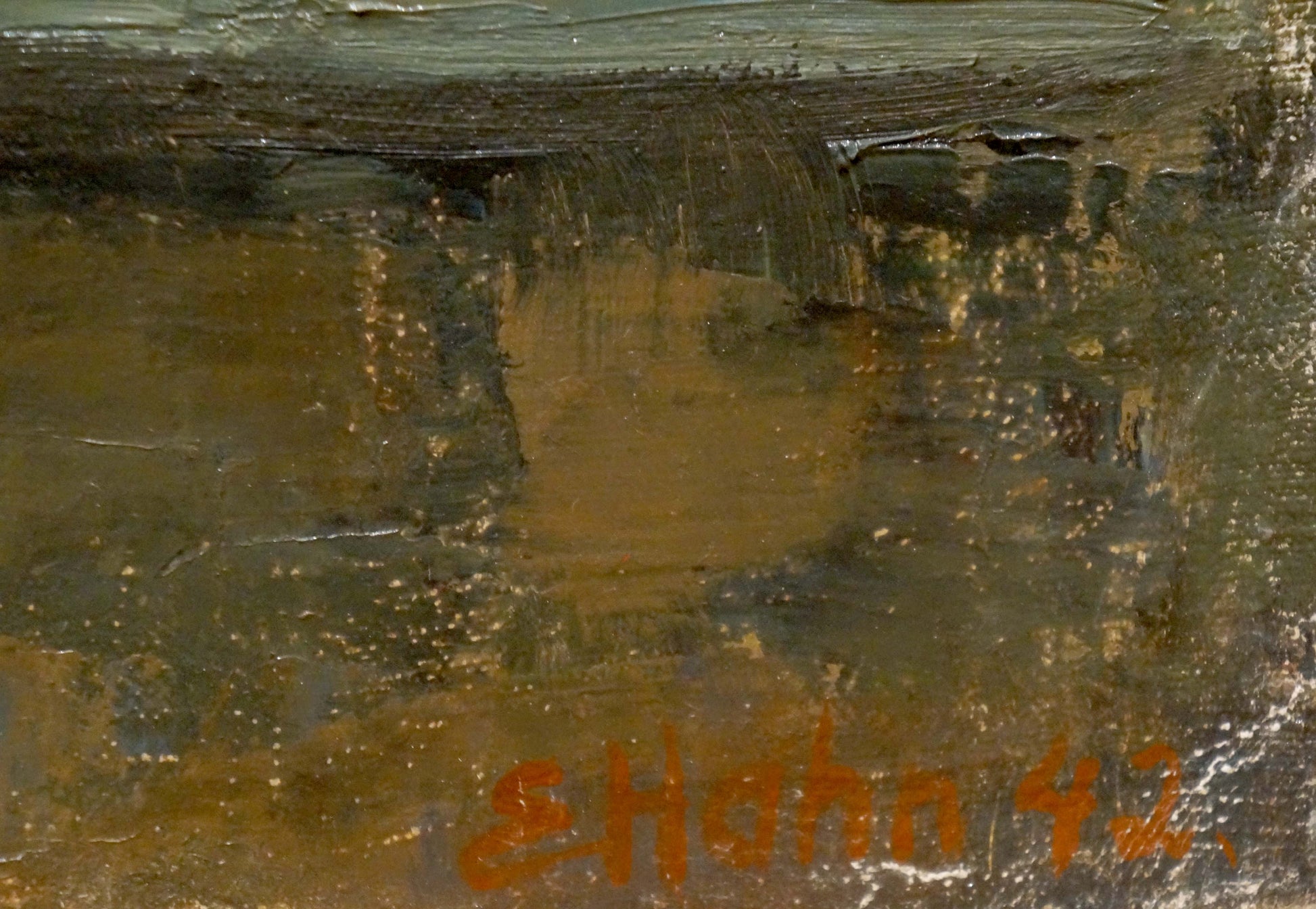 Oil painting Still life E. Hahn with textured brown green impasto