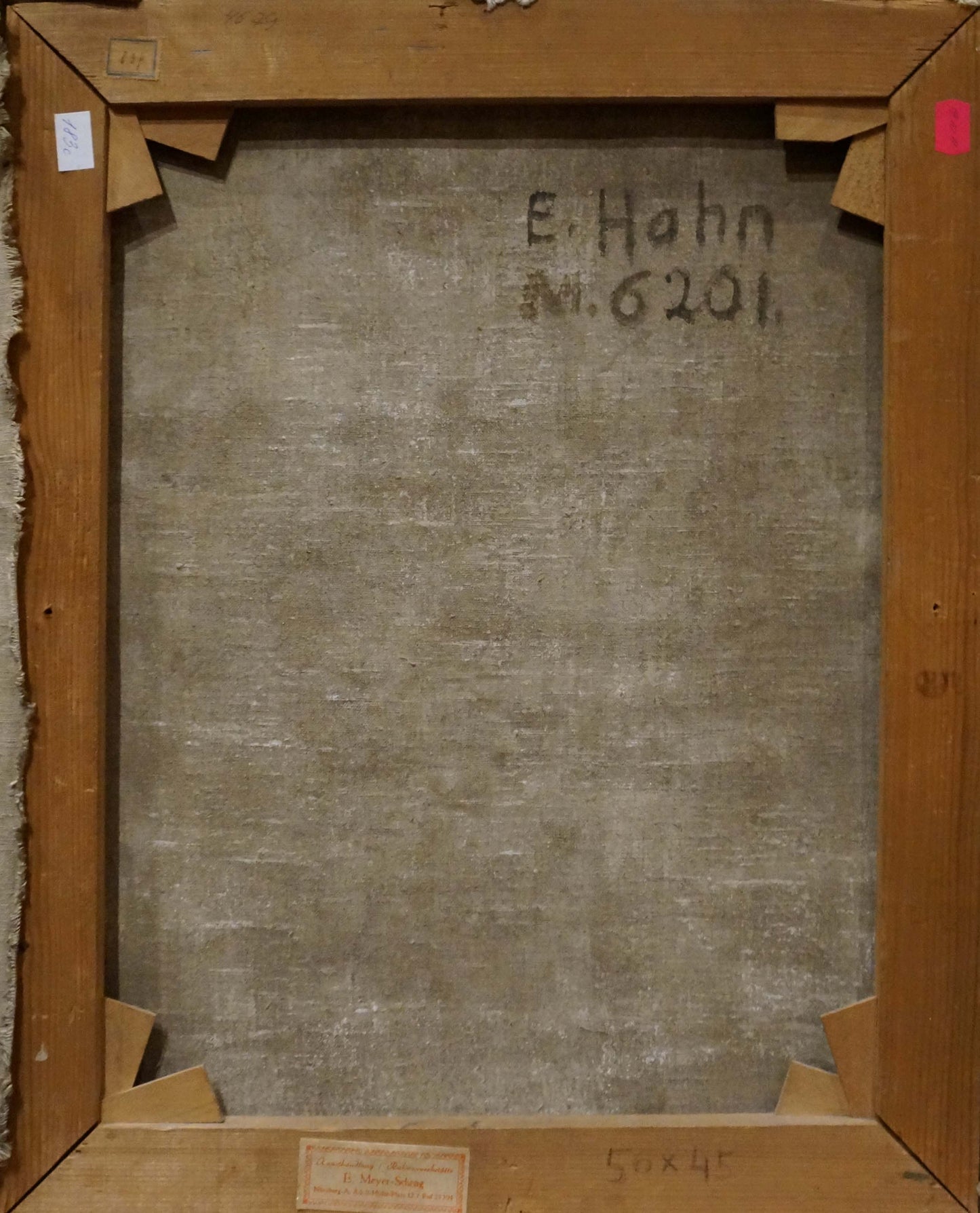 Back of Oil painting Still life E. Hahn with textured gray canvas and e signature